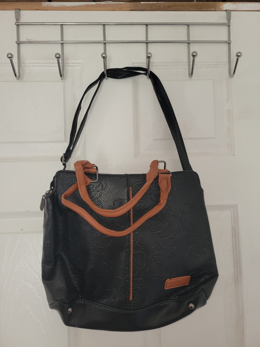 Black Shoulder Bag with Tan Handles - Women's Tote